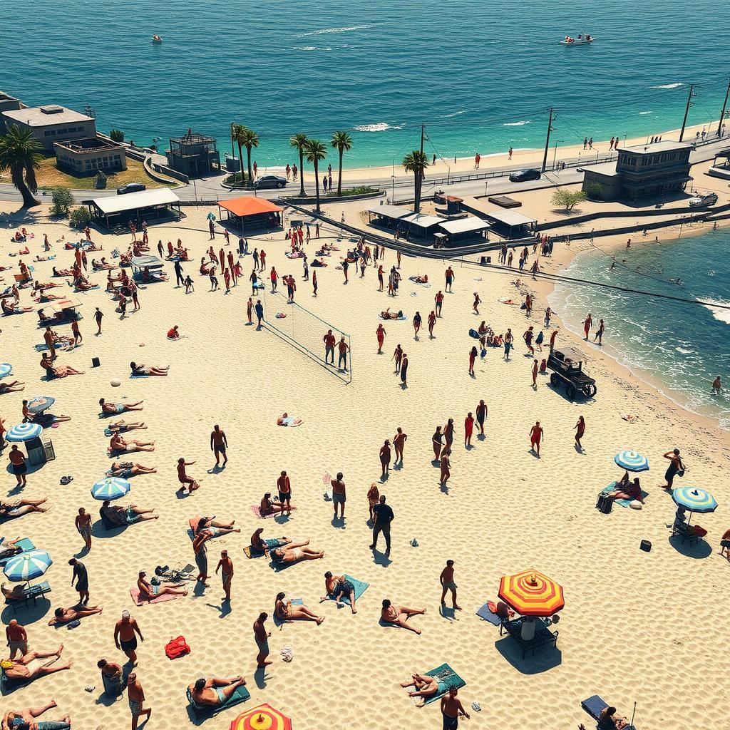 Área de praia em GTA 6 com pessoas, barcos e atividades de lazer Área de praia em GTA 6 com pessoas, barcos e atividades de lazer