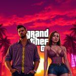 Arte oficial de GTA 6 mostrando os protagonistas Jason e Lucia em Vice City