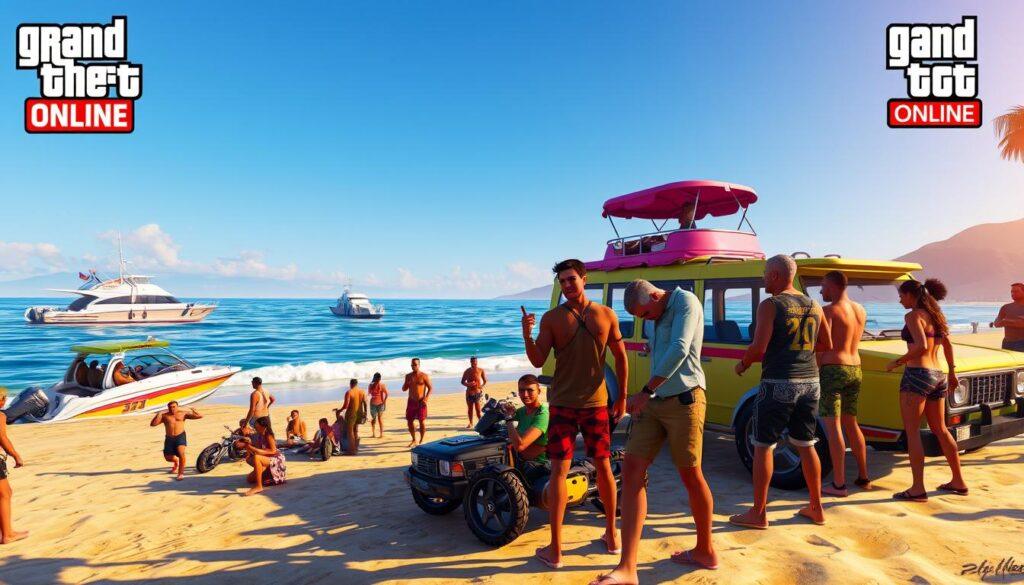 Cena de GTA 6 Online mostrando múltiplos jogadores em uma festa na praia Cena de GTA 6 Online mostrando múltiplos jogadores em uma festa na praia