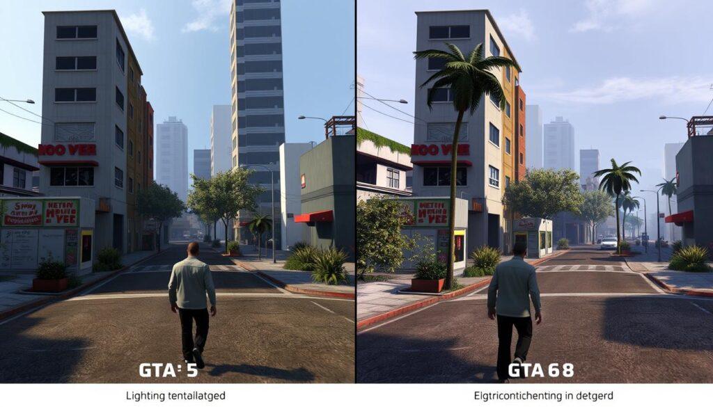 Comparação gráfica entre GTA 5 e GTA 6 mostrando a evolução visual Comparação gráfica entre GTA 5 e GTA 6 mostrando a evolução visual