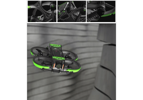 A highly detailed, photorealistic image of various accessories for the DJI Avata 2 drone, including a carbon fiber body frame, propeller guards, landing skids, and a range extender antenna, all presented against a clean, white backdrop with soft, diffused lighting to highlight the sleek, modern design of the components. The accessories are arranged in a visually appealing, symmetrical composition, conveying a sense of balance and functionality. The overall mood is one of technical precision and premium quality, reflecting the high-end nature of the Avata 2 drone and the need for robust, protective accessories. Proteção de Carbono para DJI Avata 2